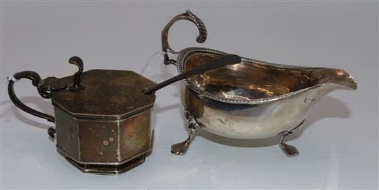 Silver mustard pot, Victorian silver mustard spoon and a George III sauce boat